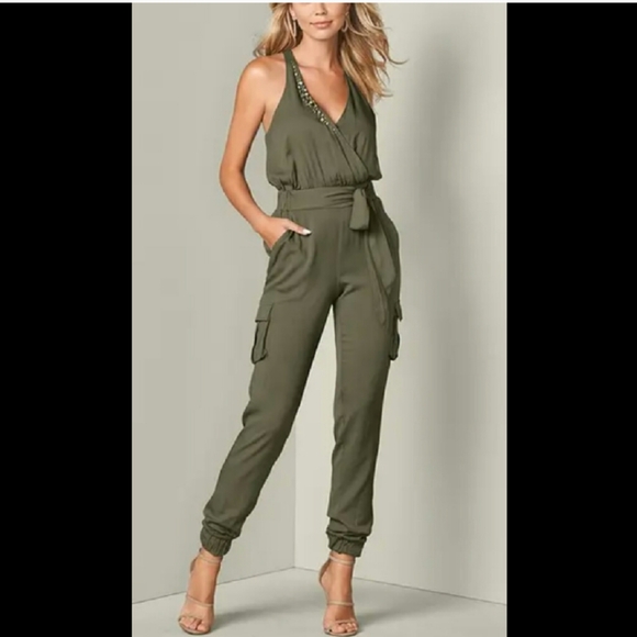 VENUS Pants - VENUS Embellished Jumpsuit Sz. XL NWT ARMY Green